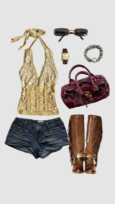 boho fit #outfitinspo #beauty #vibes #fit #boho #bohoaesthetic #bohostyle #fallfit #bohemian #lace #halterneck #jeanshorts #leatherboots #fringe #vintage #cartierwatch #jewelry #chloepaddington Rich Bohemian Aesthetic, Boho 2000s Fashion, Boho 90s Outfits, 2000s Boho Chic, Rock Boho Chic, Girly Boho Outfits, Hippie Concert Outfit, 90s Boho Fashion, Boho Chic Winter Outfits