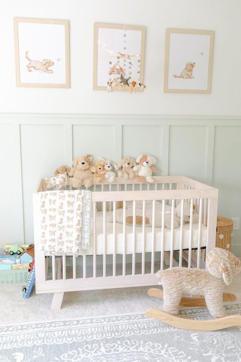 Neutral Puppy Nursery, Doggie Themed Nursery, Vintage Puppy Nursery, Nursery Ideas Puppy Theme, Subtle Nursery Themes, Neutral Themed Nursery, Neutral Teddy Bear Nursery, Puppy Dog Themed Nursery, Golden Doodle Nursery Theme