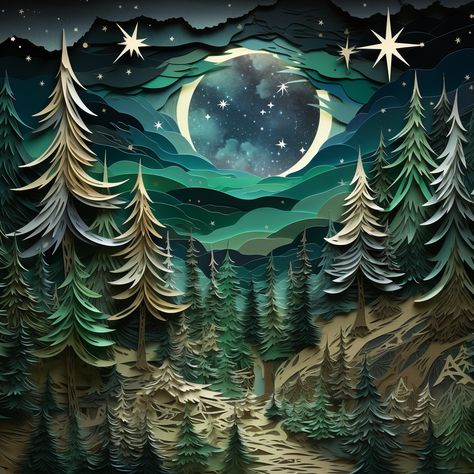 Forest paper art, miniature, starry night, green theme Starry Night Forest, Art Miniature, Graphic Novel Art, Night Forest, Night Landscape, Green Theme, Shadow Boxes, Graphic Novel, Paper Art