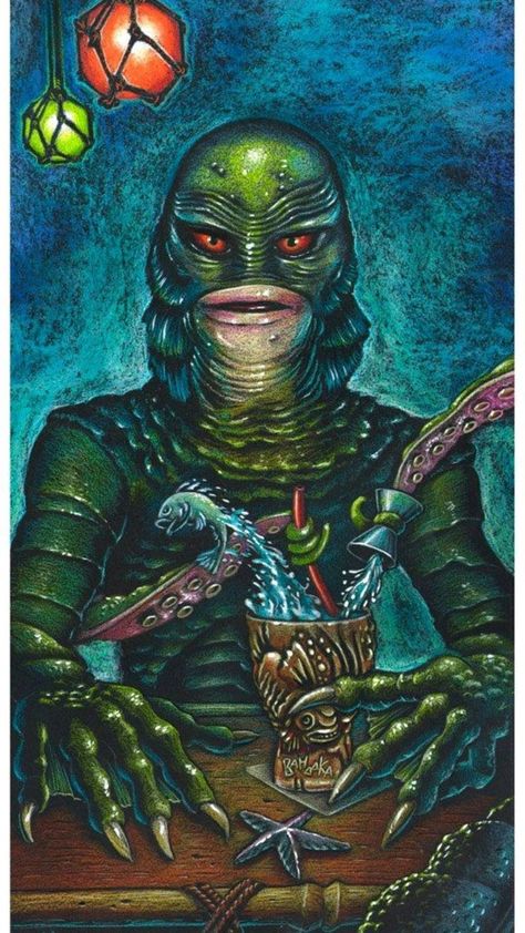 Creature Black Lagoon, Universal Monsters Art, Creature From The Black Lagoon, The Black Lagoon, Tiki Decor, Tiki Lounge, Tiki Art, Famous Monsters, Tiki Room