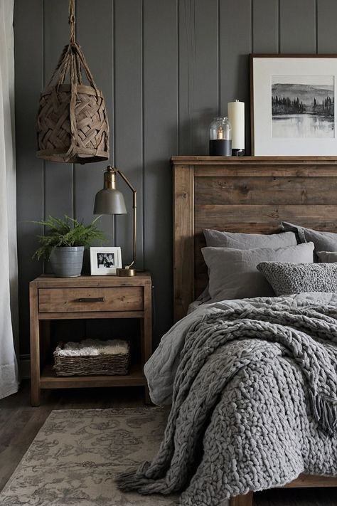 Bedroom Dark Grey Accent Wall, Men’s Bedroom Ideas Rustic, Grey Brown Bedroom Furniture, Bedroom Inspirations Master Dark Bedding, Bedroom Color Schemes With Dark Wood, Dark Grey And Wood Bedroom, Bedroom With Grey Bedding, Gray Accent Wall Bedroom Ideas, Grey And Dark Wood Bedroom