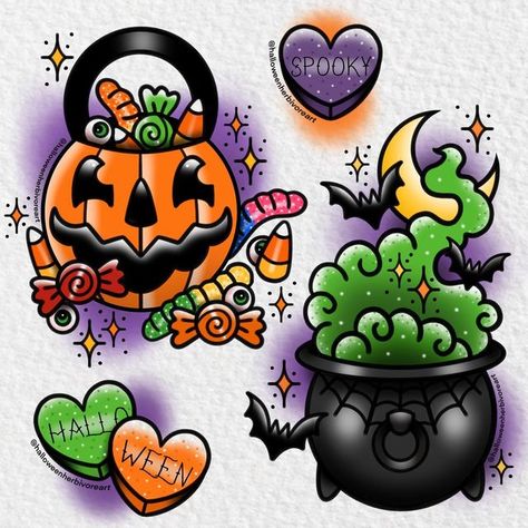 Vincent Maddox on Instagram: "Happy Halloweekend! If you’re planning on getting a spooky tattoo and see one you like on my page, snag a tattoo ticket on my site! 🎃 These designs are available too." Spooky Neotraditional Tattoo, Cute Spooky Designs, Flower Tattoos Geometric, Halloween American Traditional Tattoo, Flash Halloween Tattoo, Halloween Candy Tattoo, Spooky Cute Tattoo, Cute Spooky Drawings, Candy Corn Tattoo