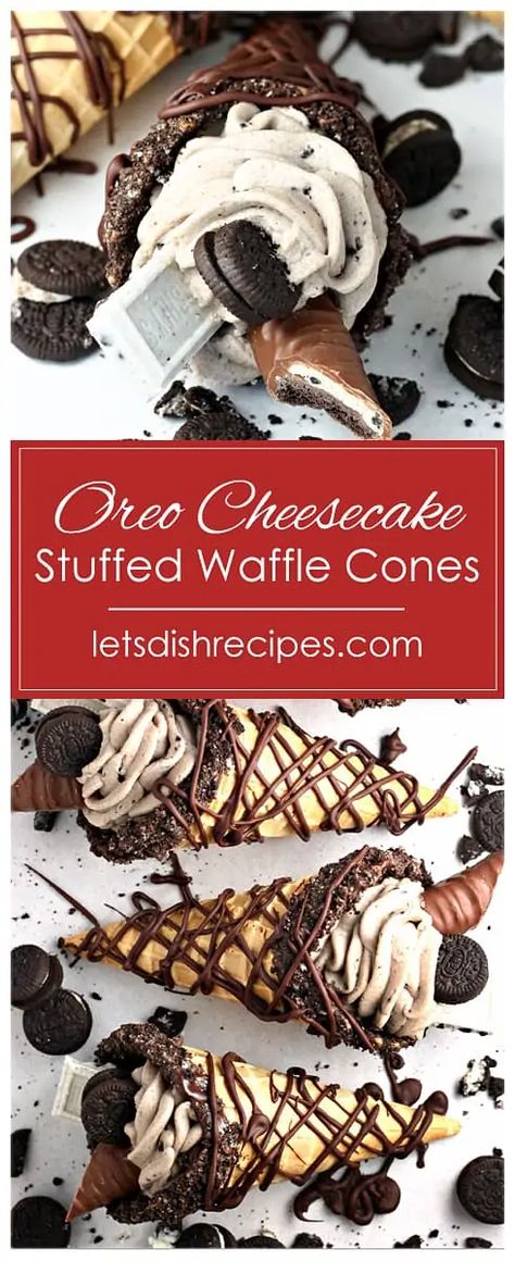 Oreo Cheesecake Stuffed Waffle Cones — Let's Dish Recipes Ice Cream Cone Filling Ideas, Fruit Filled Ice Cream Cones, S’more Waffle Cones, Desserts With Ice Cream Cones, Waffle Cheesecake Cones, Desserts In Cones, Cheesecake Filled Donut, Waffle Cone Cheesecake Recipe, Waffle Cone Mix Recipe