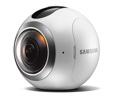 Samsung Gear 360 --  The Gear 360 camera works with Samsung’s Galaxy S7 and S7 Edge smartphones to create 360º VR photos and video. The simple 3-button sphere uses a pair of wide-angle cameras each with a 195º field of view, which is stored on SD card memory & easily stitched together into full 360 imagery through the companion app. Vr Camera, Samsung Camera, 360 Degree Camera, Camera Digital, New Samsung, Dash Cam, Camera Gear, Home Security Systems, Video Camera