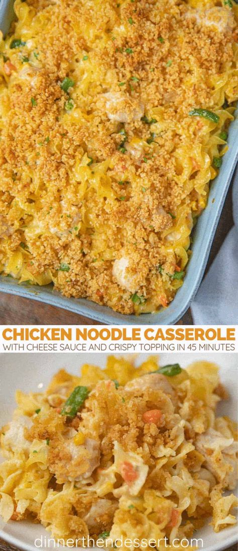 Chicken Noodle Casserole is all the comfort of chicken noodle soup and chicken casserole in just 45 minutes with a bonus cheese sauce and crispy topping. #chicken #chickennoodlecasserole #chickennoodle #chickencasserole #chickenbreast #weeknightdinner #easyrecipes #kidfriendly #dinnerthendessert Creamy Chicken Noodle Casserole, Creamy Chicken Noodle, Creamy Chicken Casserole, Creamy Chicken Noodle Soup, Noodle Casserole Recipes, Dinner Then Dessert, Chicken Noodle Casserole, Meal Prep Plans, Noodle Casserole