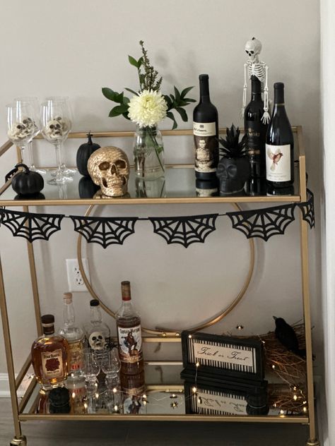 Add some spooky fun to your bar cart this Halloween season! 🖤 Goth Bar Cart, Gold Bar Cart Styling, Halloween Bar Cart, Halloween Bar, Gold Bar Cart, Bar Cart Styling, Mini Bar, Gold Bar, Halloween Season