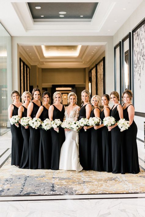 Black Decor Accents, Bridesmaids In Black, Bride Birthday, Catholic Wedding Ceremony, Black And White Wedding Theme, Ballroom Reception, Bridesmaid Photoshoot, Black Bridesmaid, White Wedding Theme