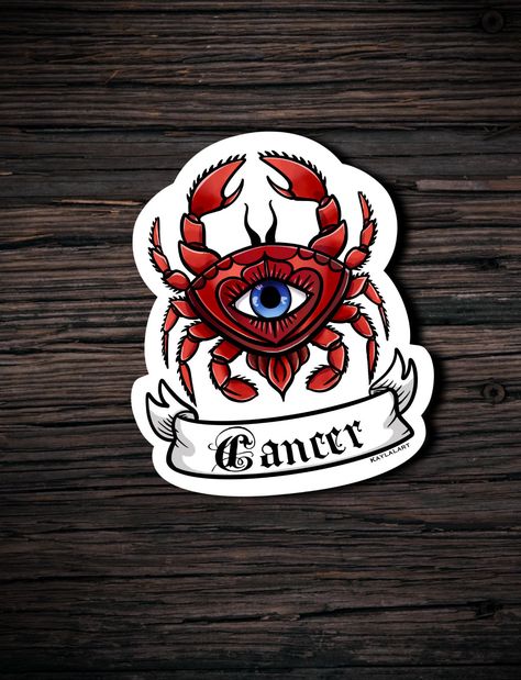 Old School Crab Tattoo, American Traditional Zodiac Tattoo, Zodiac Traditional Tattoo, Traditional Crab Tattoo, Custom Car Stickers, Crab Tattoo, Tattoo Board, Flash Sheet, American Tattoos