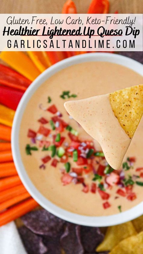 Healthy Queso Dip, Healthy Queso, Enchiladas Burritos, Low Calorie Low Carb, Keto Gluten Free, Vegetable Dips, Queso Dip Recipes, Delicious Dips, Queso Recipe