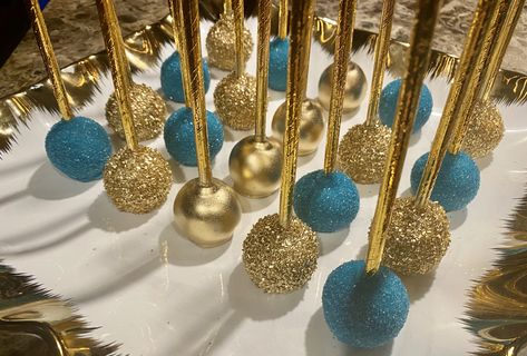 Teal Dessert Table, Teal And Gold Quinceanera Theme, Teal Desserts, Teal Cake Pops, Gold Table Centerpieces, Sweet 16 Party Planning, Gatsby Cake, Graduation Cake Pops, Gold Table Decorations