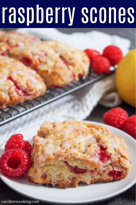 These raspberry scones are wonderfully soft, packed with juicy fruit and topped with a bright lemon drizzle. While that may sound fancy, they're actually really easy to make. A delicious treat, perfect with a cup of coffee or tea or as a snack. Raspberry Jam Scones, Easy Raspberry Scones, Raspberry Scones Recipe Easy, Rasberry Scones, Raspberry Scones Recipe, Raspberry Scone, Raspberry Scones, Scones Recipe Easy, Lemon Scones