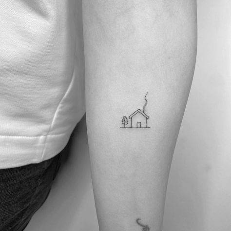 Minimalistic House Tattoo, Simple Home Tattoo, Small Home Tattoos, Mini House Tattoo, Small House Tattoo Simple, House Fine Line Tattoo, Tattoo Of House, Simple House Tattoo, Such A Pretty House Tattoo