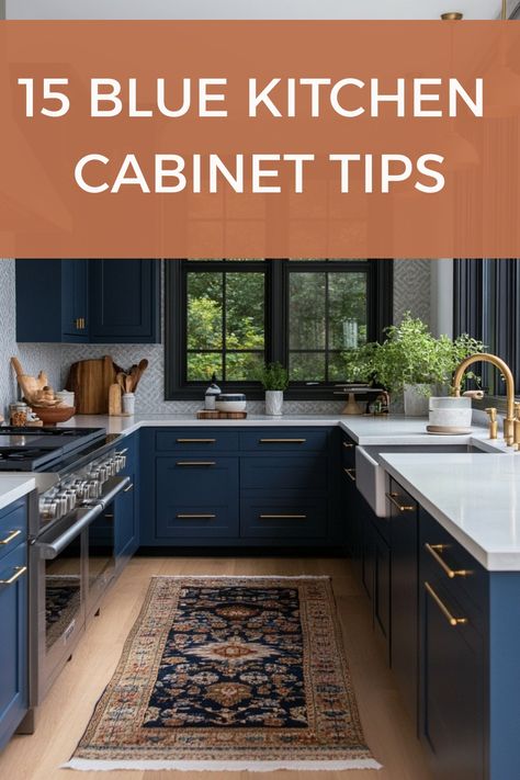 See how to use blue kitchen cabinets to their best effect with these tips and ideas. Blue Cubords, Blue And White Kitchen Cabinets Modern, Kitchens Blue Cabinets, Kitchen Tiles Blue Cabinets, Nautical Blue Kitchen Cabinets, Ocean Blue Kitchen Cabinets, Lakehouse Kitchen Cabinets, Blue Kitchen Cabinet Color Ideas, Blue Colors For Kitchen Cabinets