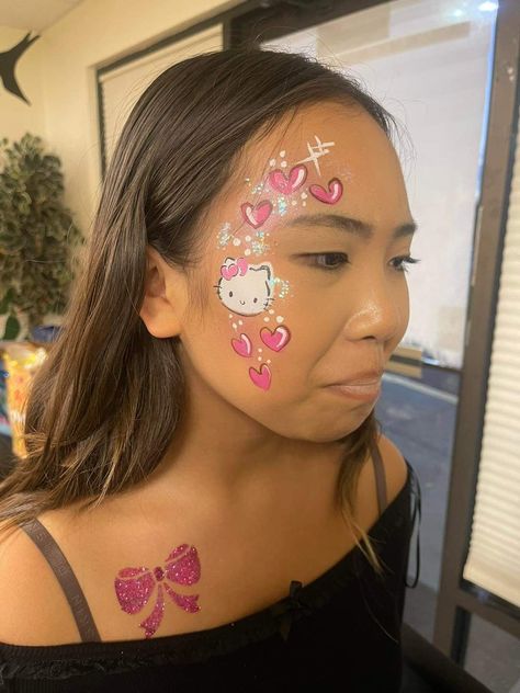 Face Painting Ideas For Teens, Dots Face Paint, Face Paint Ideas For Teens, Hello Kitty Face Painting, Small Face Painting Ideas, Face Painting Designs Creative, Face Painting Aesthetic, Cute Face Paint Ideas, Hello Kitty Face Paint