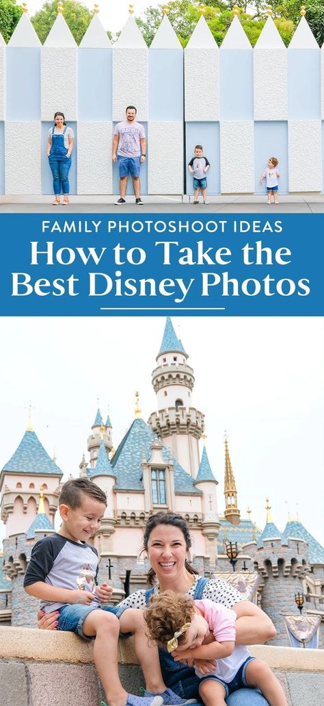 Learn to take the best Disneyland photos! See our tips and tricks for incredible family photoshoot ideas at Disney, no matter what. Disneyland Birthday Photoshoot, Family Photos Disneyland, Disneyland Family Photoshoot, Disney Family Picture Ideas, Family Disney Photos, Disneyland Family Photos, Disneyland Family Pictures, Disneyworld Photoshoot Ideas, Disney World Family Pictures