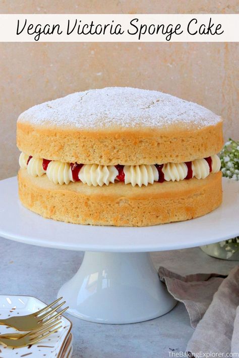 Recipe for Vegan Victoria Sponge Cake - a dairy free and egg free recipe for the classic cake with a buttercream and jam filling #thebakingexplorer #victoriaspongecake #vegancake #veganbaking #afternoontea Vegan Victoria Sponge Cake, Dairy And Egg Free Cake, Vegan Sponge Cake Recipe, Vegan Sponge Cake, Vegan Victoria Sponge, Dairy Free Buttercream, Egg Free Cakes, Vegan Buttercream, Vegan Whipped Cream