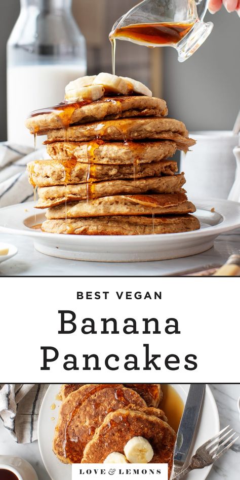 The BEST banana pancakes! These guys are warmly spiced, fluffy & healthy, made with oat flour, whole wheat flour, and no added sweetener. Totally vegan, they're a fun, wholesome breakfast! | Love and Lemons #pancakes #healthybreakfast #brunch #vegan Low Carb Vegan Breakfast, Pancake Banane, Pancakes Sans Gluten, Fluffy Banana Pancakes, Vegan Banana Pancakes, Easy Banana Pancakes, Vegan Pancake Recipes, Banana Pancakes Recipe, Vegan Pancakes