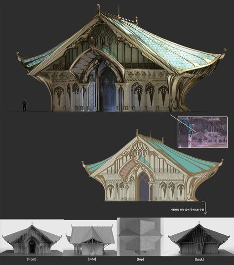 Elf Architecture, Village Concept Art, Elf Village, 2d Painting, Pagoda Lanterns, Disney Fun Facts, Location Inspiration, Elf House, Fantasy House