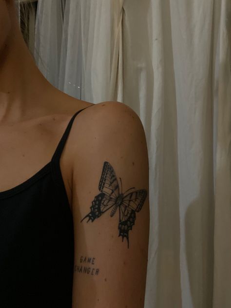 Shoulder And Upper Arm Tattoos For Women Butterflies, Upper Outer Arm Tattoo, Healed Butterfly Tattoo, Two Butterflies Tattoo Arm, Back Of Arm Tattoos For Women Upper, Ulysses Butterfly Tattoo, Shoulder Tattoos Butterfly, Butterfly Shoulder Tattoos For Women, Shoulder Tattoo Butterfly