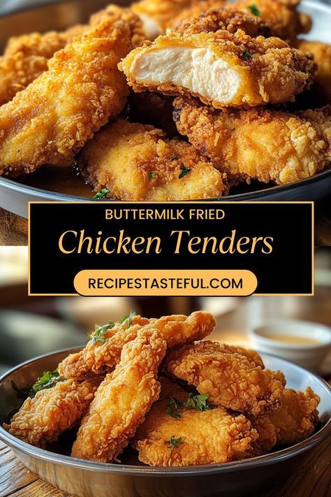 These Buttermilk Fried Chicken Tenders are juicy, crispy, and a family favorite! Marinated in buttermilk for ultimate tenderness and coated in a seasoned flour mixture, they're perfect for dipping and sure to satisfy any fried chicken cravings. Buttermilk Marinated Chicken, Buttermilk Fried Chicken Tenders, Juicy Fried Chicken, Fried Chicken Seasoning, Buttermilk Chicken Tenders, Baked Breaded Chicken, Oven Fried Chicken Recipes, Perfect Fried Chicken, Baked Fried Chicken