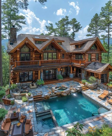 Cabin Mansion, Luxury Exterior, Lake Homes, Rustic Exterior, Large House, Mountain Homes, Cabin In The Woods, Stone Houses, Dream House Exterior