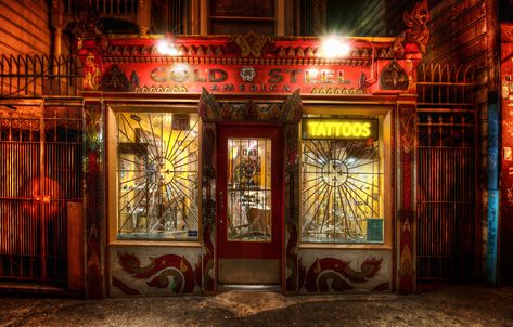 https://flic.kr/p/aA2vnC | The Tattoo Shop | I did a Google+ hangout last night where I worked on this photo. I took it just recently at the San Francisco PhotoWalk with Thomas Hawk. It was a great night... so many sights to be seen there.  As usual, I had two cameras with me. One was for quick street shots with a 50mm prime. The other had my 14-24mm (see Nikon 14-24mm Review) on for these sorts of shots. I find that if I want to be on the sidewalk and take a photo of the store in front of m... Tattoo Shop Interior, San Francisco Tattoo, Tattoo Studio Interior, California Photos, Tattoo Care, Hdr Photography, Tattoo Parlors, Studio Interior, Wedding Tattoos