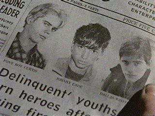 Our faces in the newspaper.We're 'Heroes'!Cuz that sure is tough... The Outsiders Movie, Greaser Aesthetic, Ponyboy Curtis, Outsiders Movie, The Outsiders Cast, The Outsiders Greasers, Dallas Winston, Movie Trivia, The Outsiders 1983