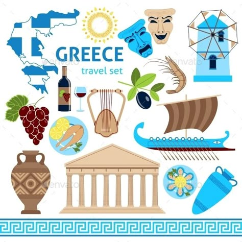 Greece Symbols Touristic Set Flat Composition by macrovector Travel agency greece cultural tours poster with national historical symbols flag and country map flat vector illustration. Editabl Greece Symbols, Greece With Kids, Greece Packing List, Greek Party, Greece Destinations, Greek Travel, Travel To Greece, Country Maps, Tour Posters