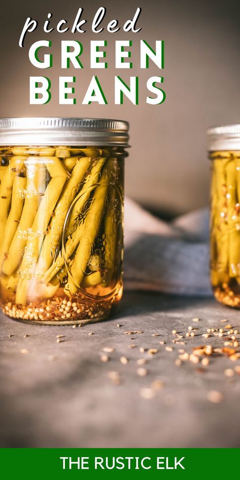 Easy recipe with the perfect amount of brine and spice these pickled green beans can be made into quick pickles by refrigerating or taking it a step further and canning for a shelf stable side dish or the perfect addition to salads or cocktails. Pickled Green Beans Canning, Green Beans Canning, Pickled Green Beans Recipe, Pickled Green Bean Recipes, Canned Green Bean Recipes, Salsa Canning Recipes, Quick Pickle, Easy Pickling Recipes, Quick Pickles