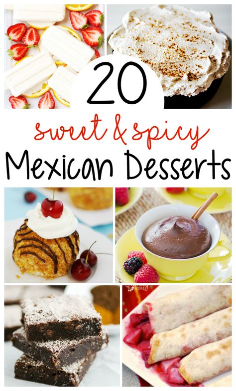 20 Mexican Desserts for Cinco de Mayo! Sweet and spicy! Perfect additions to your Cinco de Mayo menu! Mexican Desserts | Cinco de Mayo | spicy desserts Desserts For Cinco De Mayo, Spicy Desserts, Latin Desserts, Mexican Party Food, Mexican Desserts, Authentic Mexican Recipes, Party Food Dessert, Mexican Dinner Recipes, Mexican Dessert Recipes