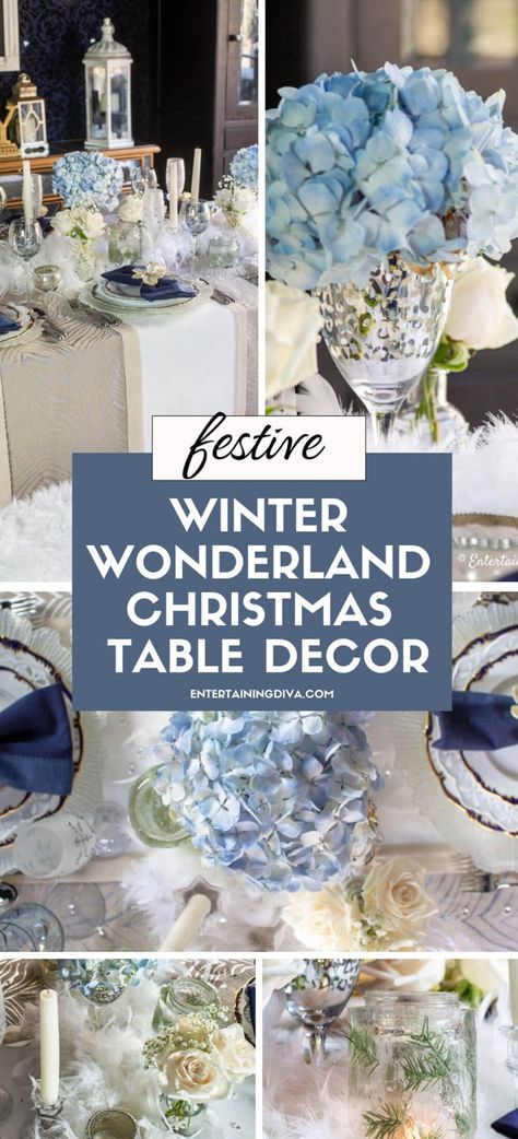 Festive Winter Wonderland Christmas Table Decor | Wedding Decorations Winter Bridal Shower Themes Decor, Winter Wonderland Table Centerpieces, Winter Tablescape Ideas, Winter Wonderland Christmas Table, Winter Bday Party Ideas, Winter Wonderland Table Decorations, Winter Wonderland Table Setting, Christmas Dinner Table Centerpieces, Winter Wonderland Theme Party