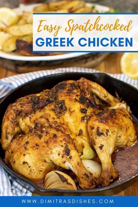 How to spatchcock a chicken - spatchcocking a chicken (removing the chicken backbone) basically flattens the chicken and helps it roast faster and the result is a juicy chicken with crispy skin. This healthy chicken recipe is loaded with Greek flavors like lemon and oregano and is simply delicious. #chickenrecipes #healthychickenrecipes #easychickenrecipes #greekrecipes #dimitrasdishes Spatchcock Greek Chicken, Flattened Chicken Recipes, Flatten Chicken Recipes, Greek Roast Chicken, Greek Roast Chicken Recipes, Greek Baked Chicken, Spatchcock Chicken Recipes, Greek Roasted Chicken, Greek Chicken Recipes