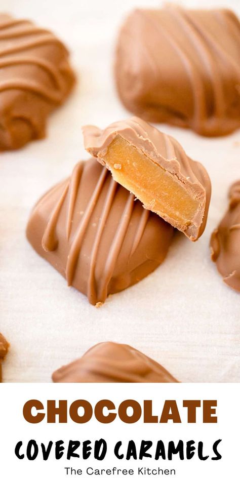 This Chocolate Covered Caramel recipe provides easy-to-follow instructions so that even beginners can make these delicious candies in their very own kitchen. These soft and chewy caramels are dipped in melted chocolate then topped with flakey sea salt for a perfect treat no matter what the occasion. #thecarefreekitchen #candy #chocolate #dipped #caramel #homemade #holidays #saltedcaramel Caramel Homemade, Homemade Caramel Candy, Homemade Milk Chocolate, Carmel Chocolate, Caramel Candies, Caramel Bites, Caramel Treats, Caramel Recipe, Chocolate Candy Recipes