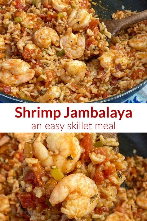 Collage of Shrimp Jambalaya in a skillet Easy Shrimp Jambalaya Recipe, Jambalaya Recipe Easy Shrimp And Sausage, Skillet Meals With Shrimp, Shrimp Jumbalya, Jambalaya Recipe Shrimp, Creole Shrimp And Sausage Skillet, Seafood Jambalaya Recipe, Shrimp Jambalaya Recipe, Shrimp And Sausage Jambalaya