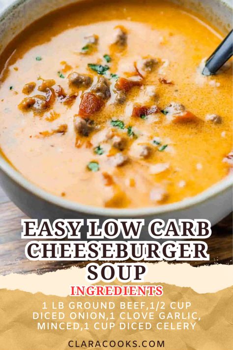 Easy Low Carb Cheeseburger Soup Low Carb Cheeseburger Soup, Keto Cheeseburger Soup, Low Carb Cheeseburger, Cheeseburger Soup Recipe, Keto Cheeseburger, Cheese Burger Soup Recipes, Broccoli Cheese Soup Recipes, Loaded Baked Potato Soup, Quick Healthy Dinner