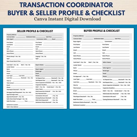 Real Estate Transaction Coordinator Buyer and Seller Profile - Etsy Real Estate Transaction Coordinator, Real Estate Checklist, Transaction Coordinator, Real Estate Contract, Real Estate Forms, Purchase Agreement, Mortgage Loan Officer, Purchase Contract, Money Making Jobs