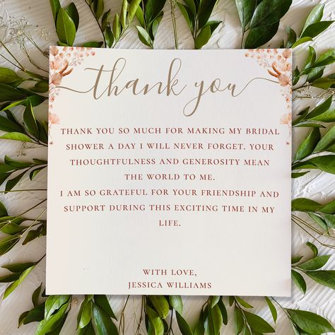 The sophisticated design and graceful lettering add a touch of elegance and charm to your appreciation, while the whimsical watercolor flowers create a romantic and dreamy atmosphere. This design is the ideal way to express your gratitude to your guests for sharing in your special day and making it unforgettable. All text style, colors, sizes can be modified to fit your needs. If you need help or matching items, please don't hesitate to reach out to me. Thank You Speech Wedding, Graceful Lettering, Bohemian Wedding Stationery, Bohemian Bridal Shower, Dreamy Atmosphere, Jessica Williams, Whimsical Watercolor, Bohemian Bridal, Text Style