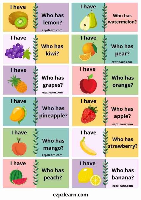 Fruit Vs Vegetable Preschool, Fruit Kindergarten Activities, Fruit Games For Kids, I Have Who Has, I Have Who Has Games Free, English Speaking Game, Food Games For Kids, Fruit Games, Food Worksheet