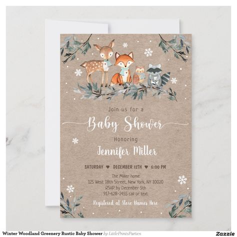 This adorable invitation features woodland animals in the snow with a greenery pine border. Virtual Baby Shower Invitation, Forest Baby Showers, Rustic Baby Shower Invitations, Snowflake Baby Shower, Girl Woodland, Winter Greenery, Gender Neutral Baby Shower Invitations, Forest Baby, Coed Baby Shower