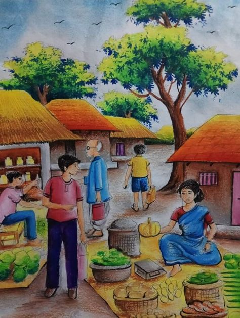 Village Life Painting Easy, Indian Village Scenery Drawing, Memory Drawing For Elementary, Memory Drawing For Elementary Exam, Senary Drawing Watercolor, Easy Composition Painting, Village Composition Painting, Memory Drawing For Intermediate, Village Life Drawing