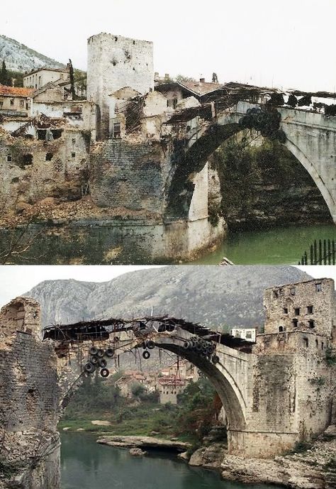 Stari Most (Old Mostar Bridge) - 1993 during the Siege of Sarajevo (that last 1425 days) Mostar Bridge, Croatian History, Siege Of Sarajevo, Class 8, Twelfth Night, Belgrade Serbia, Old Bridge, Honey Brown, Aesthetic Photos