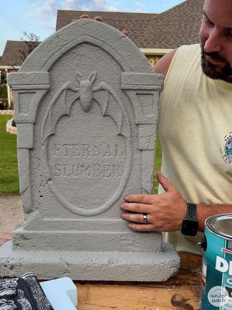 Diy Concrete Tombstones Halloween, How To Make A Tombstone, Make Gravestones, Diy Outdoor Gravestones, Styrofoam Gravestones Diy, Gravestone Halloween Decorations, Cement Halloween Diy, Wooden Halloween Tombstones, How To Make Headstones For Halloween