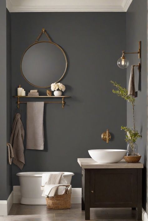 bathroom decorating, interior design, wall painting, home renovation Small Half Bath Color Ideas, Sw Iron Ore Bathroom Walls, Dark Paint Small Bathroom, Sw Iron Ore Bathroom, Dark Bathroom Wall Color, Charcoal Bathroom Walls, Sherwin Williams Bathroom Colors 2024, Paint Ideas For Bathroom Walls, Iron Ore Bathroom Walls