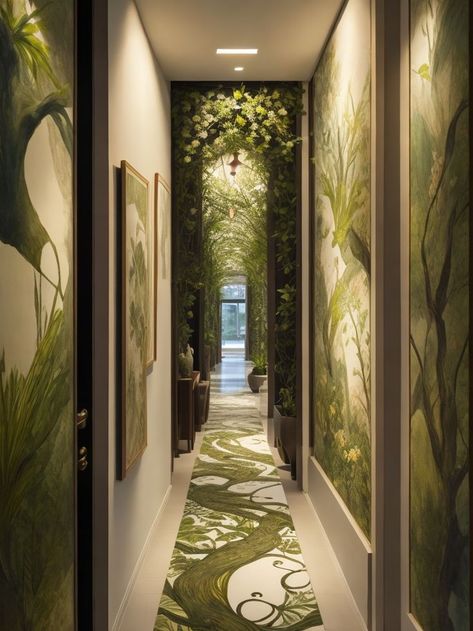 Biophilic Lobby Interior Design, Tropical Hallway, Forest Hallway, Ecological Corridor Design, Biophilic Staircase, Biophilic Design Hotel Lobby, Interior Design Hallway, Wallpaper Hallway, Hotel Foyer