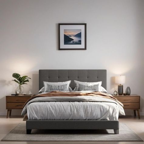 Grey Bed Ideas Color Combinations, Rustic Bedroom Ideas, Gray Bed, Bedroom Scandinavian, Grey Bed Frame, Decor Ideas Bedroom, Makeover Bedroom, Wall Panels Bedroom, Bedroom Artwork