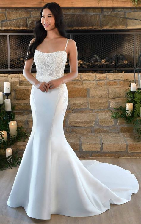 Sparkling Beaded Wedding Dress with Simple Contour Seamed Skirt - Stella York Wedding Dresses Simple Mermaid Wedding Dress Satin Spaghetti Straps, Stella York Bridal, Simple Satin, Stella York Wedding Dress, Essense Of Australia, Bridal Elegance, Dress Gallery, Stella York, Fit And Flare Wedding Dress