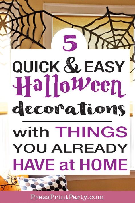 5 QUICK & EASY HALLOWEEN DECORATIONS. DIY Halloween decor ideas for a party, or just to decorate the house. Works for indoor or outdoor on the porch - Cheap & spooky. Some more scary, some cute. Great for kids. With mason jars, how to make spider webs with trash bags, ghosts with cheesecloth, free printable bat garland. Free printable Pacman garland. Home decor by Press Print Party! #halloween #halloweendecor Easy Halloween Decorations Diy, Bat Garland, Cute Halloween Tattoos, Printable Halloween Decorations, Garland Home Decor, Scary Halloween Decorations Diy, Cheap Halloween Decorations, Spider Web Decoration, Easy Halloween Party