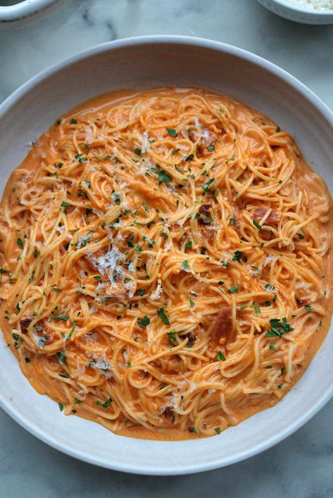 Capellini alla Fiesolana Pasta Table, Capellini Pasta, Italian Parsley, Sausage Peppers, Pasta Water, Orange Peppers, Italian Pasta Recipes, Sweet Italian Sausage, Sausage And Peppers