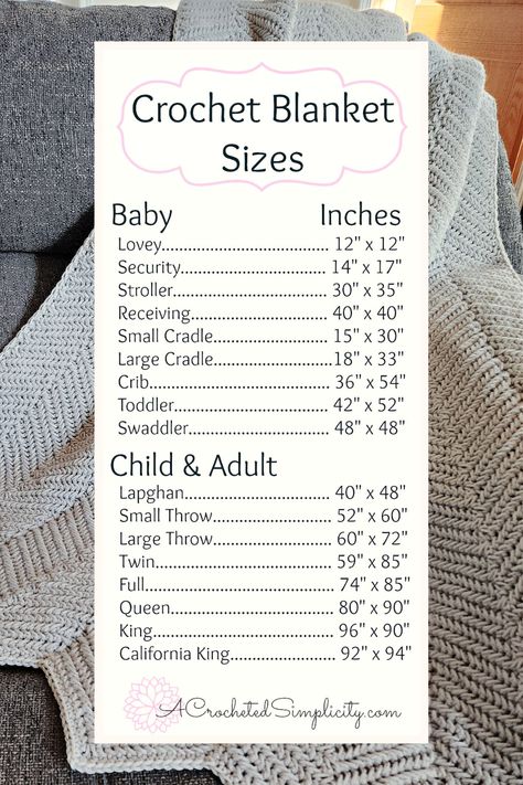 Crochet Blanket Size chart overlaid on a photo of a herringbone sc blanket laying on a couch. Size Of Lap Blanket, Lapghan Size Chart, Crib Blanket Size Chart, Crochet Blanket Size Chart Chain, Crochet Size Chart, Free Crochet Patterns For Baby Blankets, Lapghan Size, Crochet Blanket Size Chart, Crochet Blanket Measurements