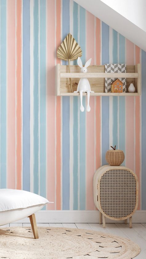 Colourful Stripes Wallpaper, Candy Stripes Peel and stick Wallpaper, Nursery Decor, Playroom Decor, Hand- Painted Watercolour Stripes Colourful Mural, Wallpaper Candy, Peel And Stick Wallpaper Nursery, Wallpaper Nursery, Colorful Murals, Stripes Wallpaper, Nursery Playroom, Style Deco, Beautiful Interior Design